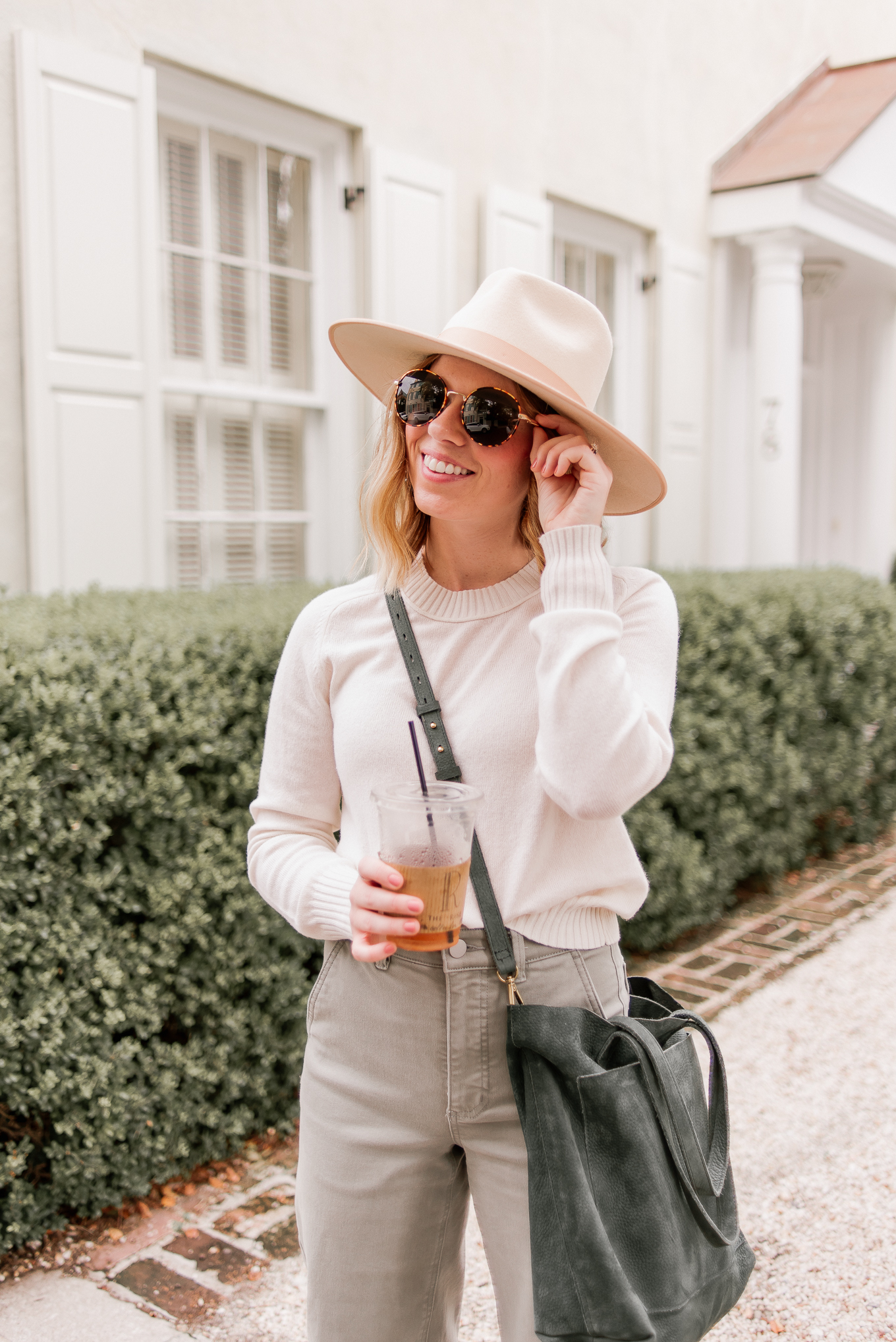 Why You Should Visit Charleston SC in the Fall | $100 Cashmere Sweater, Ivory Wool Hat, Round Frame Sunglasses | Louella Reese