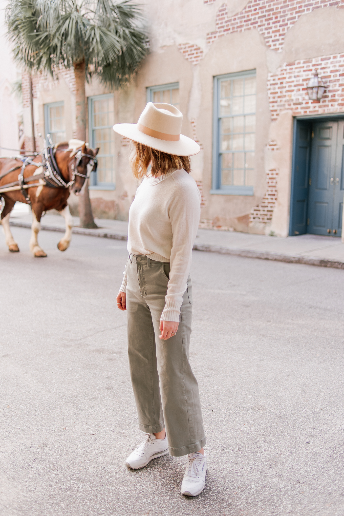Why You Should Visit Charleston SC in the Fall | $100 Cashmere Sweater, Ivory Wool Hat, Olive Wide Leg Crop Pants | Louella Reese