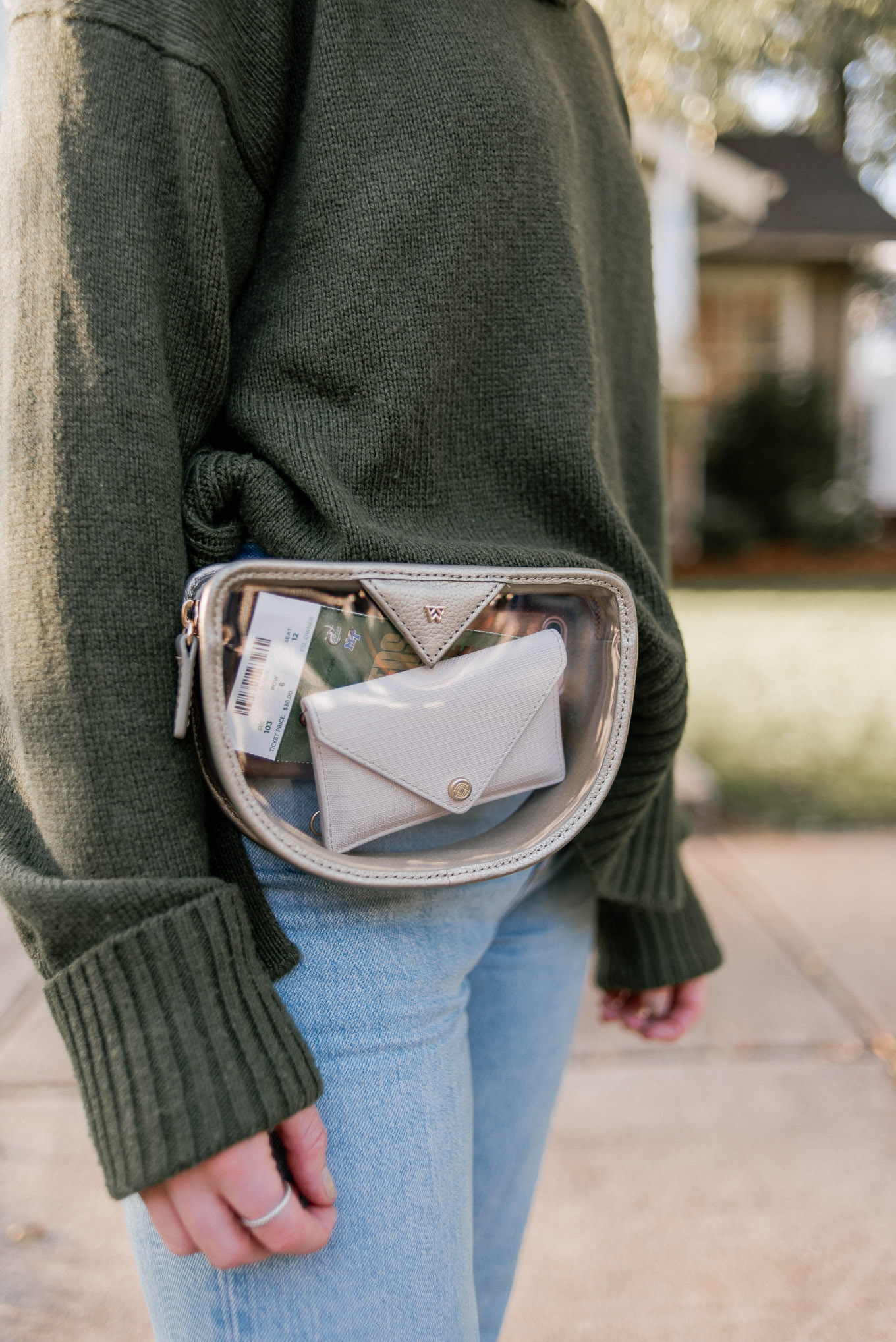 Clear Game Day Belt Bag | Casual Game Day Outfit Idea | Turtleneck Sweater, Demi-Boot Jeans | Louella Reese