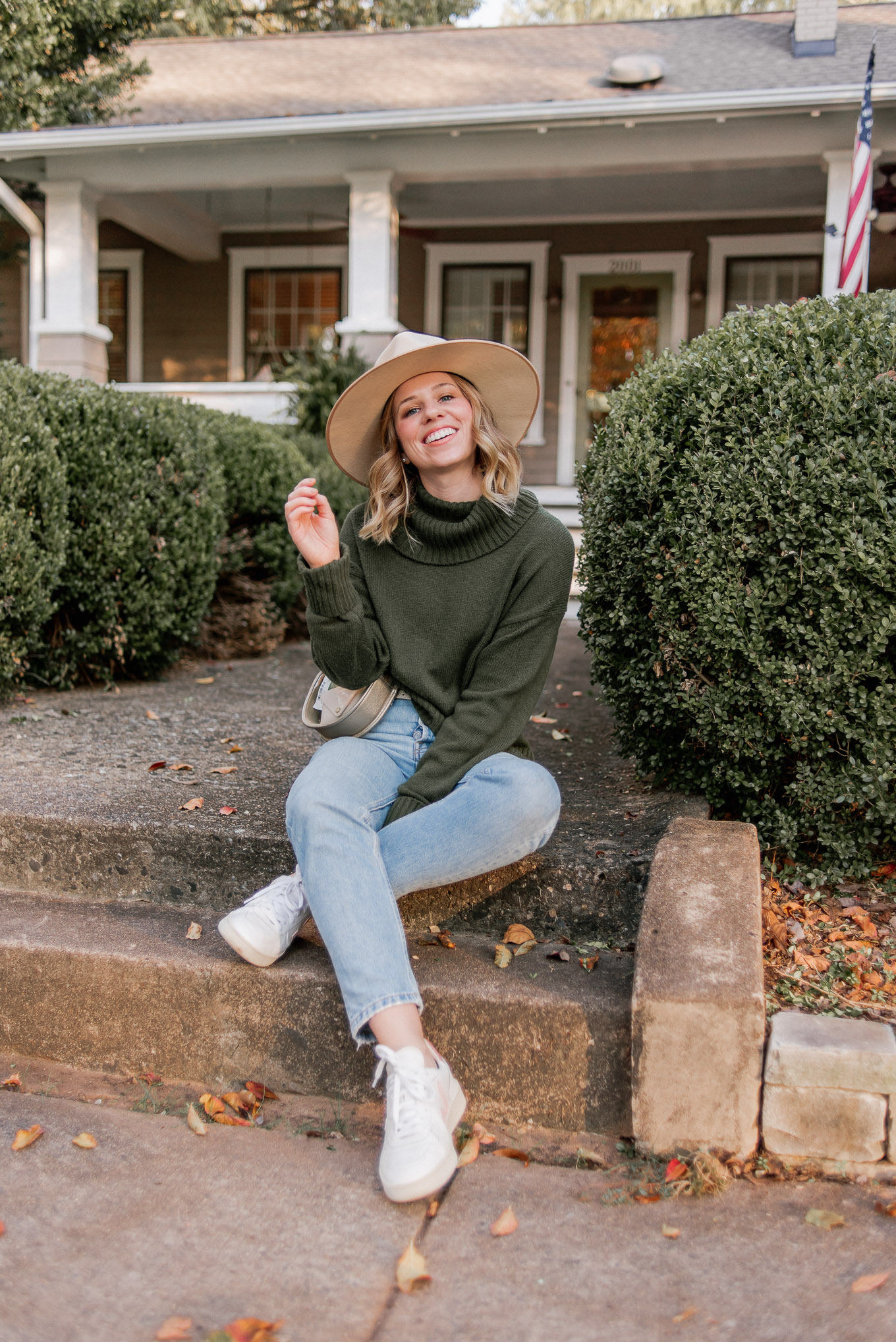 How to Create Mini Capsule Wardrobes | Casual Game Day Outfit Idea | Turtleneck Sweater, Demi-Boot Jeans, Veja Sneakers, Lack of Color Wool Hat | Louella Reese