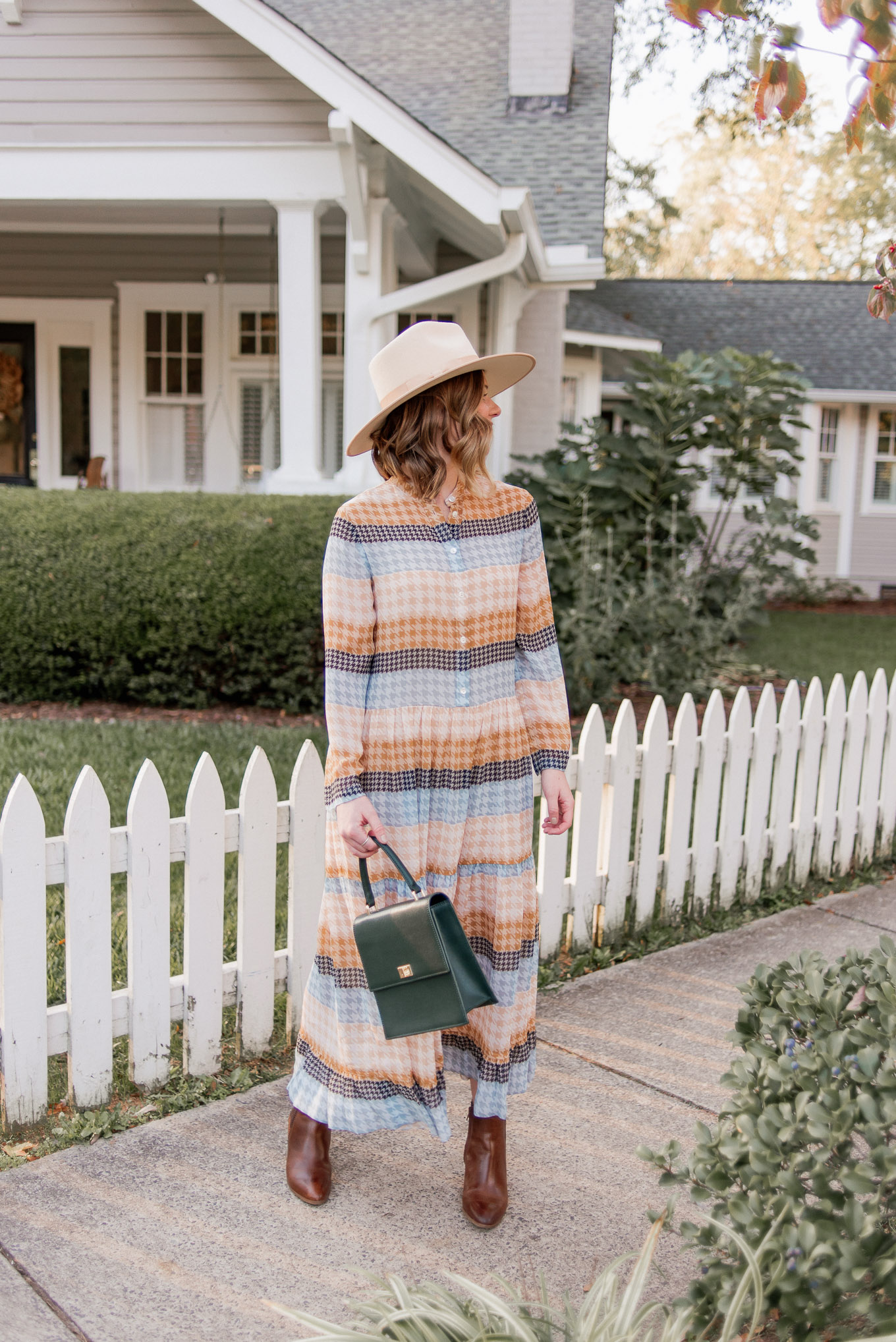 How to Create Mini Capsule Wardrobes | Casual Game Day Outfit Idea | Plaid Midi Dress, Brown Leather Booties, Lack of Color Wool Hat | Louella Reese