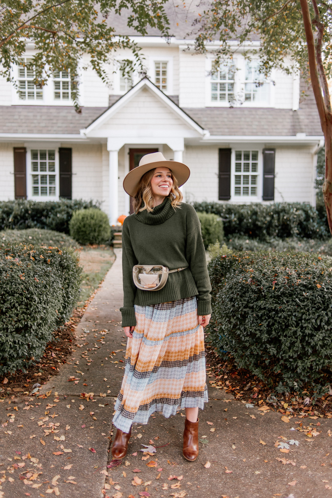 Tips on Creating a Capsule Wardrobe | Clear Game Day Belt Bag | Turtleneck Sweater, Plaid Midi Dress, Cognac Leather Booties, Lack of Color Wool Hat, Metallic Clear Belt Bag | Louella Reese
