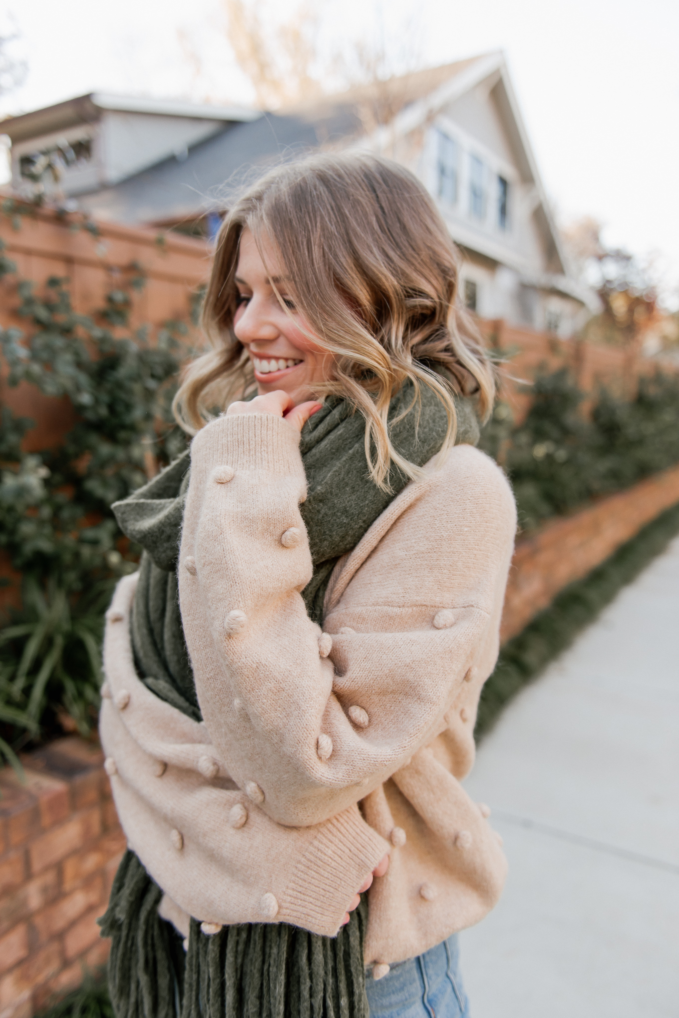 Olive Oversized Scarf, Pom-Pom Sweater | Casual Winter Outfit | Louella Reese