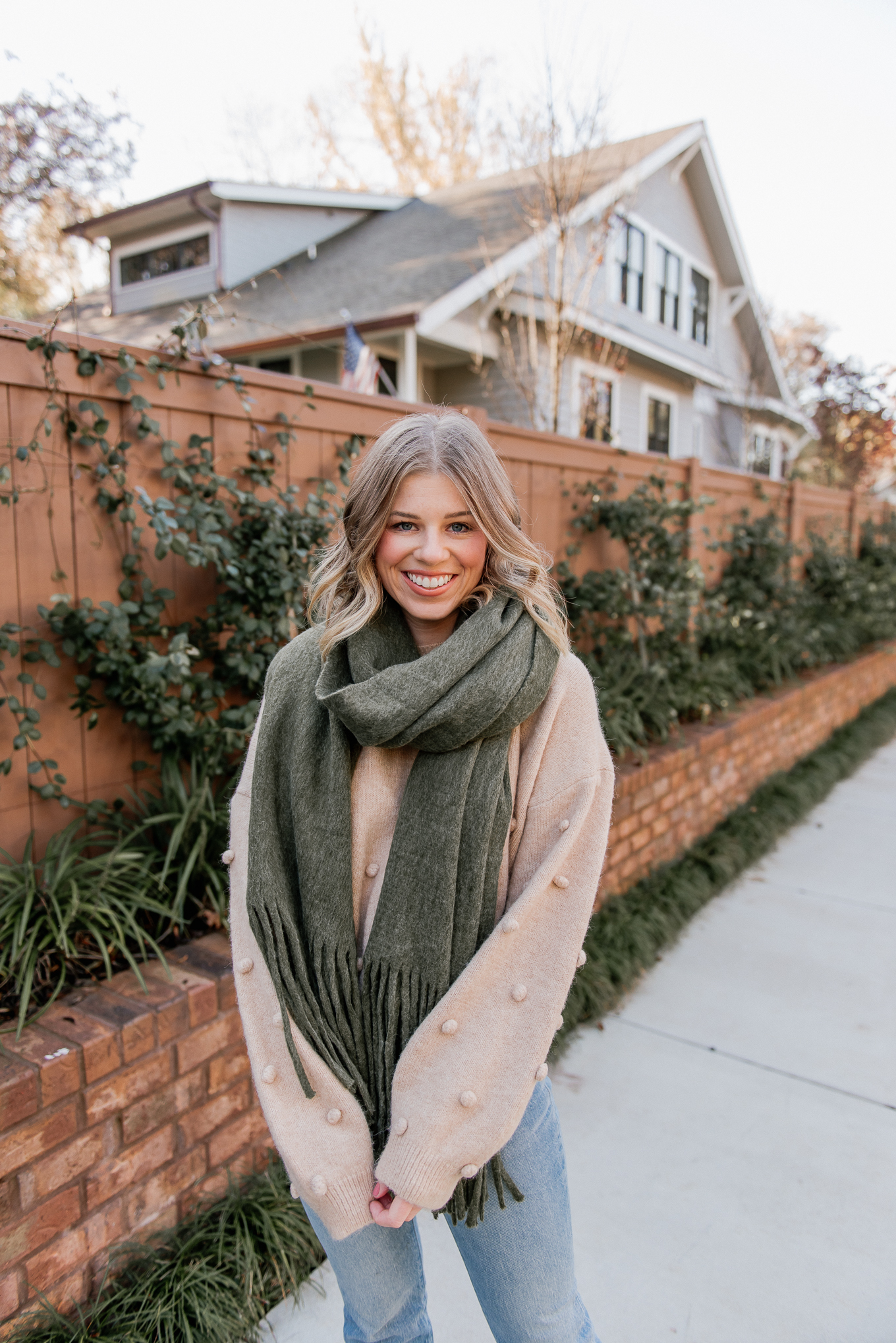 Olive Oversized Scarf, Pom-Pom Sweater | Casual Winter Outfit | Louella Reese