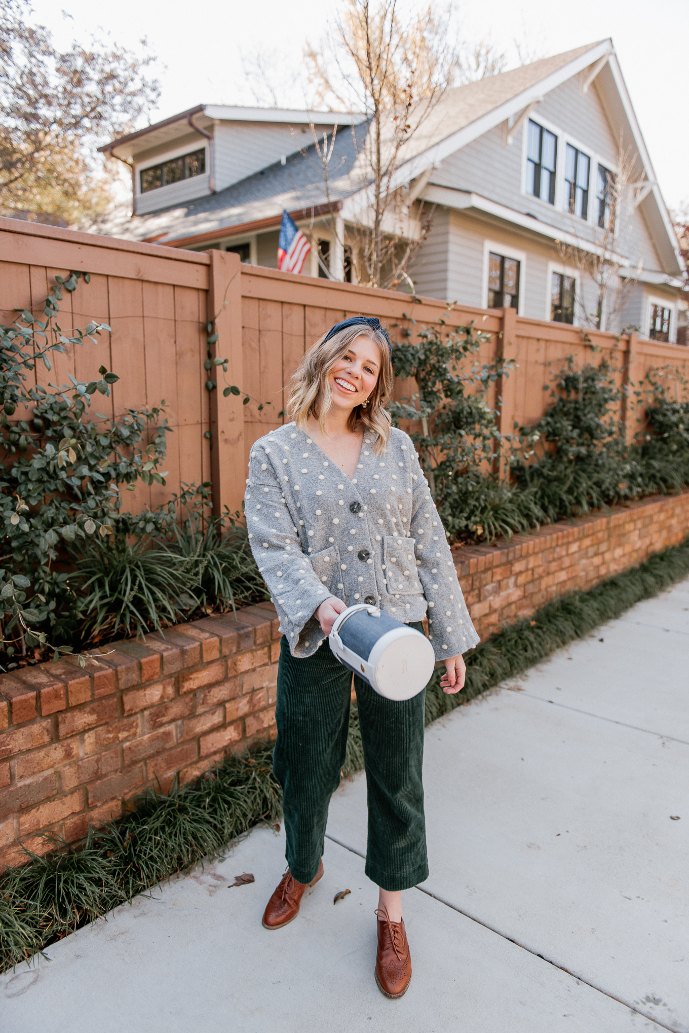 Polka Dot Sweater, Corduroy Wide Leg Crop Pants, Cognac Oxfords, Capsule Bag | Casual Winter to Spring Outfit Idea | Louella Reese