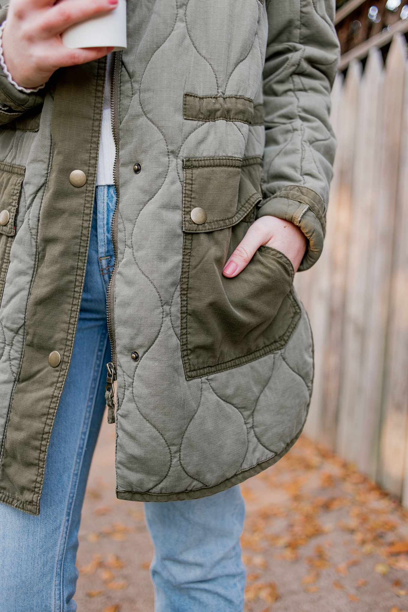 Laura Leigh of Louella Reese styles a quilted field jacket for a casual winter outfit