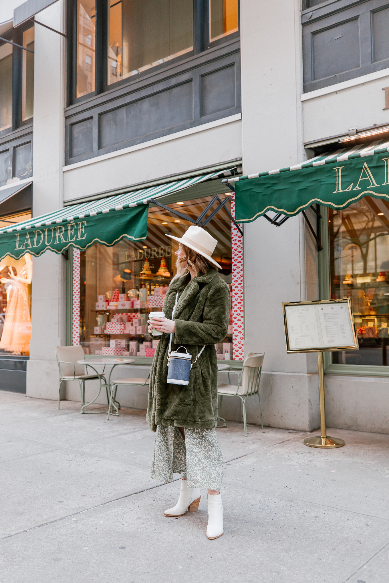 Faux Fur Coat, Green Floral Dress | Louella Reese