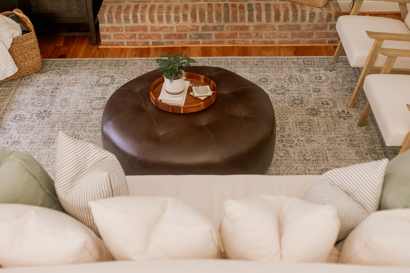 Round Leather Ottoman | Searching for the Perfect Coffee Table - Article Timpani Ottoman Review - Louella Reese, North Carolina Lifestyle and Fashion Blog
