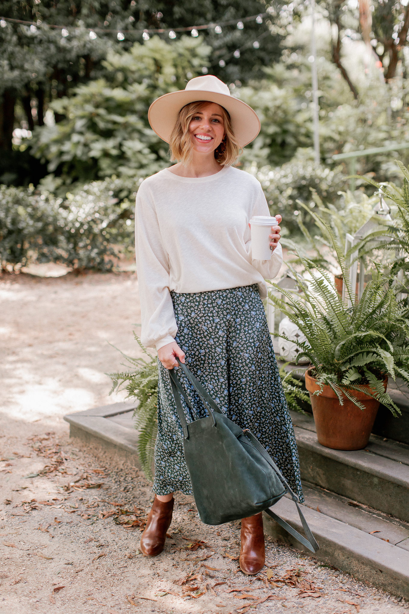 Fall Outfit Idea | Long Sleeve T-Shirt, Floral Midi Skirt, Brown Leather Booties, Green Suede Tote | Louella Reese
