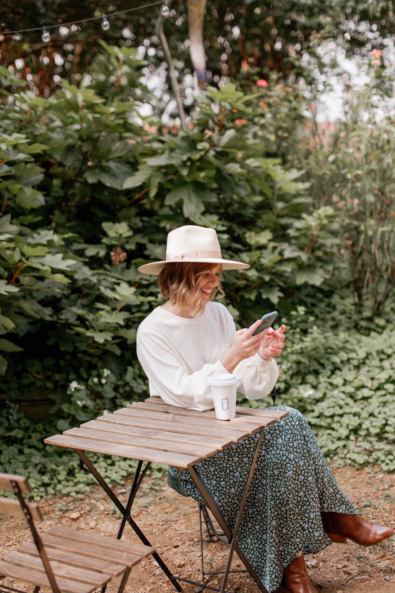 Fall Outfit Idea | Long Sleeve T-Shirt, Floral Midi Skirt, Brown Leather Booties, Green Suede Tote | Louella Reese