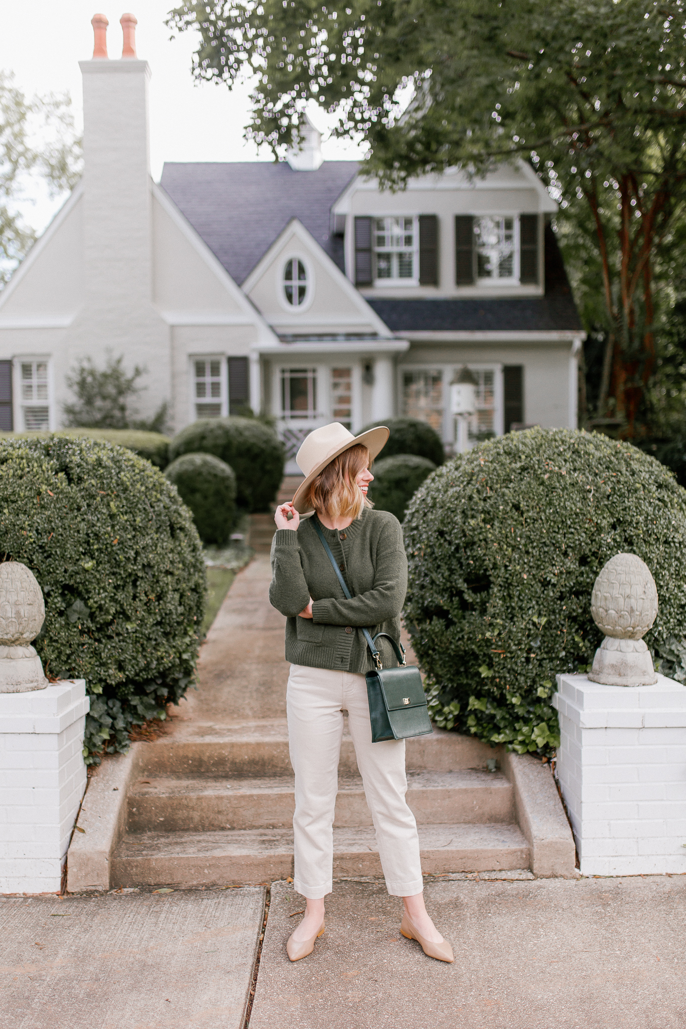 Green Cardigan Sweater, Ivory Wool Hat | Casual Fall Outfit | Louella Reese