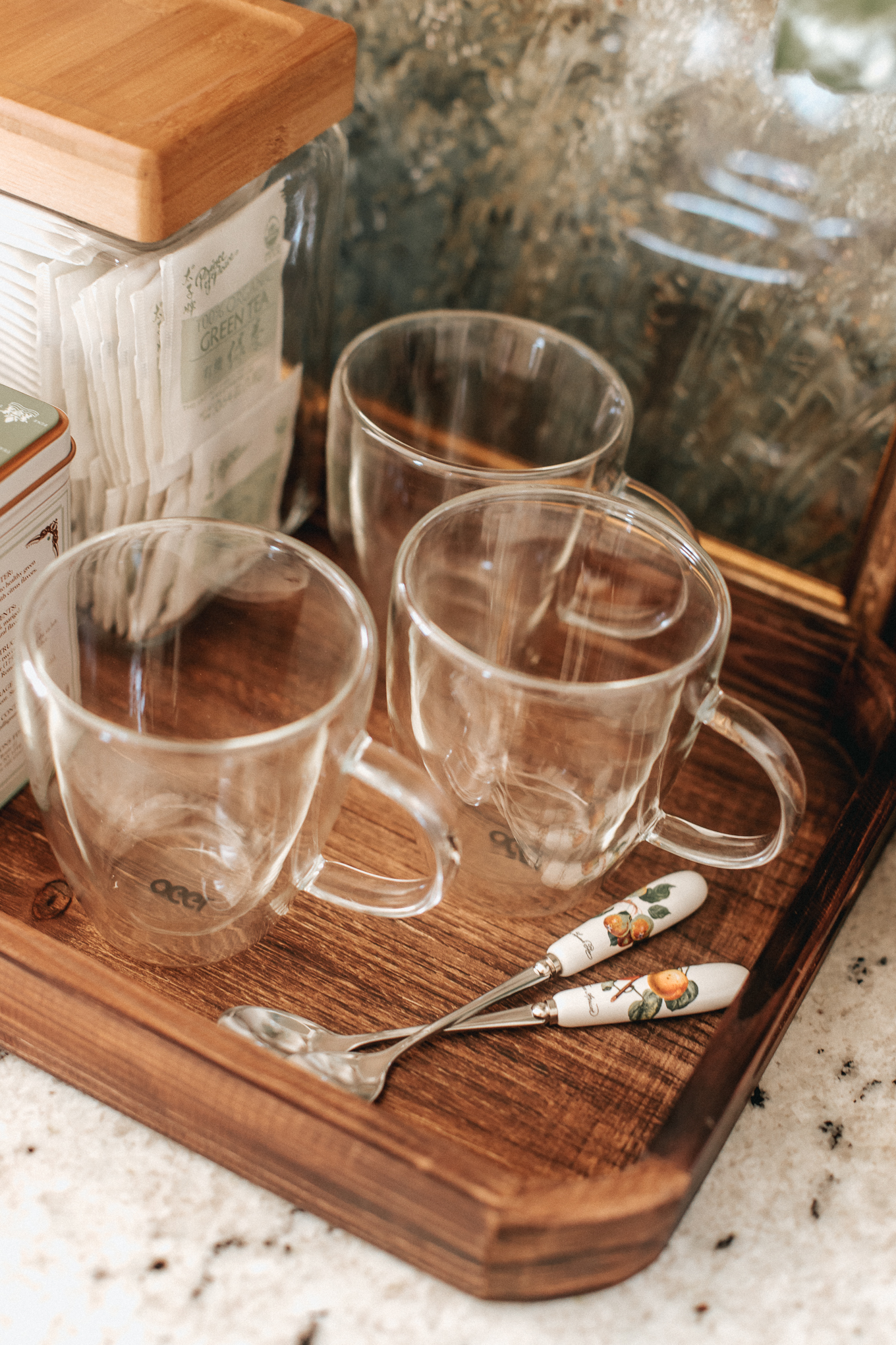 Countertop Tea Bar | Clear Glass Coffee Mugs | Louella Reese